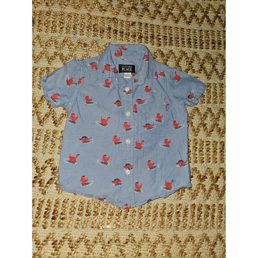 The Children’s Place Patriotic Surfing Dino Print Button Front Shirt 12-18 MONTH